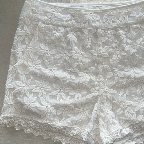 Monteau Pants - Monteau Floral Lace Overlay Shorts Ivory Embroidered Daisy Print Side Zip Sz L